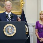 
              President Joe Biden speaks before signing into law S. 2938, the Bipartisan Safer Communities Act gun safety bill, in the Roosevelt Room of the White House in Washington, Saturday, June 25, 2022. First lady Jill Biden looks on at right. (AP Photo/Pablo Martinez Monsivais)
            