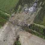 
              This drone photo shows the site where the AN-12 cargo plane crashed, in Palaiochori village near the town of Kavala, in northern Greece, Sunday, July 17, 2022. Experts are poised to investigate the site of a plane crash in northern Greece to determine whether any dangerous chemicals or explosive cargo remains. (AP Photo/Giannis Papanikos)
            