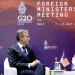 
              U.S. State Secretary Antony Blinken attends a meeting with Indonesia's Foreign Minister Retno Marsudi during the G20 Foreign Ministers' Meeting in Nusa Dua on the Indonesian resort island of Bali Friday, July 8, 2022. (Stefani Reynolds/Pool Photo via AP)
            