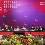 
              Indonesia's Foreign Minister Retno Marsudi, center, delivers her speech during the G20 Foreign Ministers' Meeting in Nusa Dua, Bali, Indonesia Friday, July 8, 2022. (Willy Kurniawan/Pool Photo via AP)
            