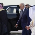 
              President Joe Biden arrives at King Abdulaziz International Airport, Friday, July 15, 2022, in Jeddah, Saudi Arabia. (AP Photo/Evan Vucci)
            