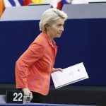 
              European Commission President Ursula von der Leyen leaves after delivering her speech at the European Parliament during the presentation of the program of activities of the Czech Republic's EU presidency, Wednesday, July 6, 2022 in Strasbourg, eastern France. The European Union's Commission chief Ursula von der Leyen said that the 27-nation bloc needs to emergency plans to prepare for a complete cut-off Russia gas in the wake of the Kremlin's war in Ukraine. (AP Photo/Jean-Francois Badias)
            