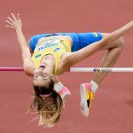 
              Yaroslava Mahuchikh, of Ukraine, competes during qualifying for the women's high jump at the World Athletics Championships on Saturday, July 16, 2022, in Eugene, Ore. (AP Photo/Gregory Bull)
            