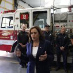 Vice President Kamala Harris addresses the mass shooting at an Independence Day parade in suburban Chicago, during a visit to the Fire Station No. 2 in Santa Monica, Calif., on Saturday, July 4, 2022. (AP Photo/Damian Dovarganes)