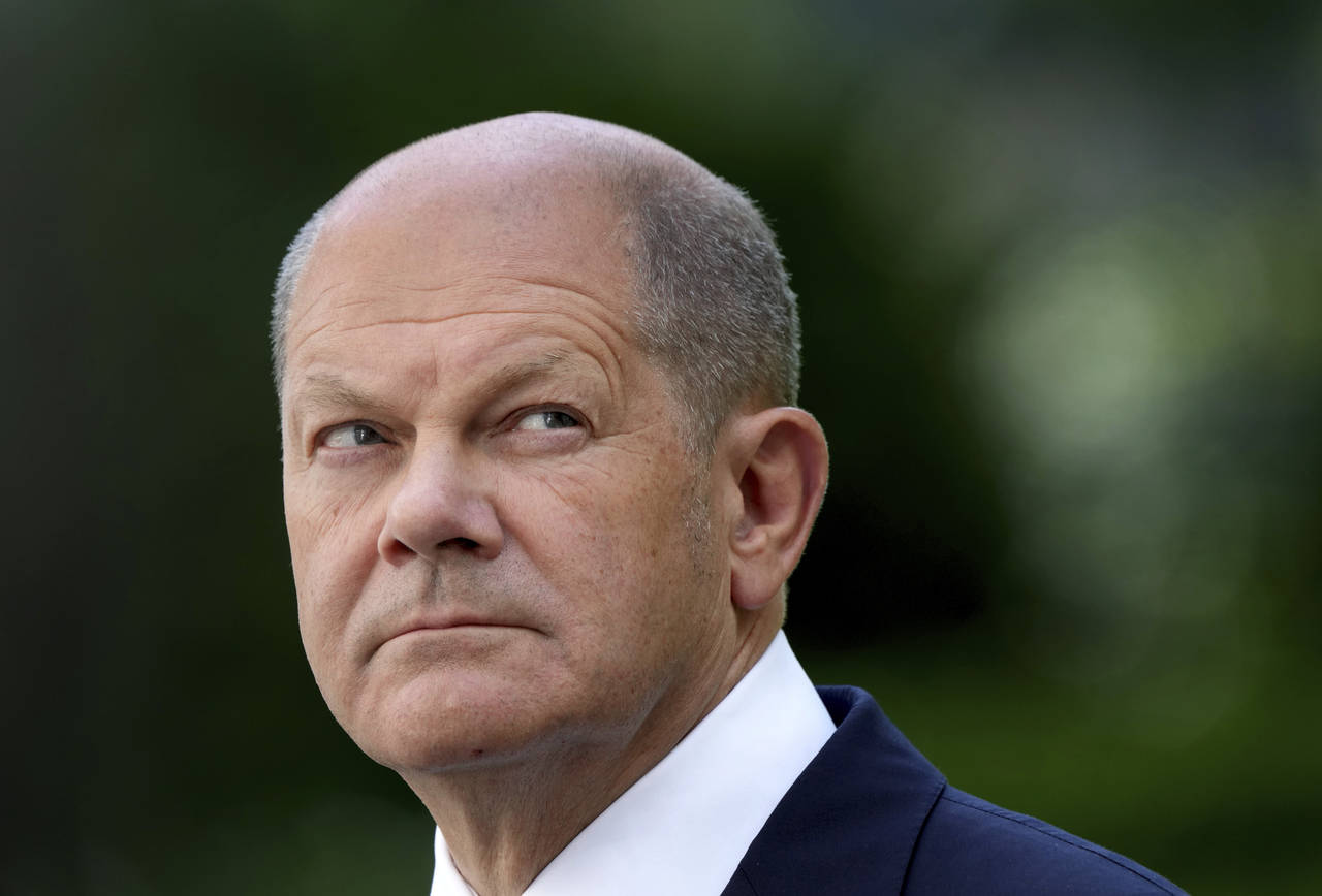 FILE -- German Chancellor Olaf Scholz attends a press conference at the Chancellery in Berlin, Germ...