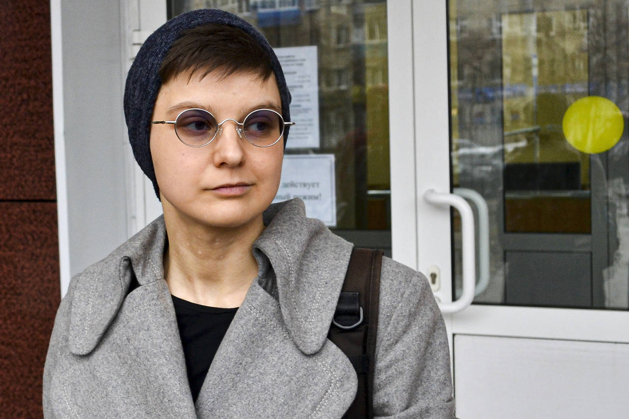 FILE- Feminist activist and artist Yulia Tsvetkova leaves after a court session in Komsomolsk-on-Am...