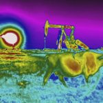 
              In this photo made with an Optical Gas Imaging thermal camera, a plume of heat from a flare burning off methane and other hydrocarbons is detected in the background next to an oil pumpjack as a cow walks through a field in the Permian Basin in Jal, N.M., Thursday, Oct. 14, 2021. (AP Photo/David Goldman)
            