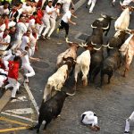 
              A runner falls as people run through the street with fighting bulls at the San Fermin Festival in Pamplona, northern Spain, Friday, July 8, 2022. Revellers from around the world flock to the city every year for nine days of uninterrupted partying in Pamplona's famed running of the bulls festival which was suspended for the past two years because of the coronavirus pandemic. (AP Photo/Alvaro Barrientos)
            