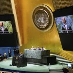 New York City Mayor Eric Adams addresses the U.N. General Assembly at its annual celebration of Nelson Mandela International Day, Monday, July 18, 2022, at United Nations headquarters. (AP Photo/John Minchillo)
