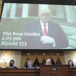 
              A video of President Donald Trump recording a statement in the Rose Garden of the White House on Jan. 6 is played as the House select committee investigating the Jan. 6 attack on the U.S. Capitol holds a hearing at the Capitol in Washington, Thursday, July 21, 2022. (AP Photo/Patrick Semansky)
            