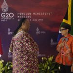 
              Indonesian Foreign Minister Retno Marsudi, right, greets South African Minister of International Relations and Cooperation Naledi Pandor during their bilateral meeting ahead of the G20 Foreign Ministers' Meeting in Nusa Dua, Bali, Indonesia, Thursday, July 7, 2022. (AP Photo/Dita Alangkara, Pool)
            