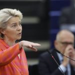 
              European Commission President Ursula von der Leyen delivers her speech at the European Parliament during the presentation of the program of activities of the Czech Republic's EU presidency, Wednesday, July 6, 2022 in Strasbourg, eastern France. The European Union's Commission chief Ursula von der Leyen said that the 27-nation bloc needs to emergency plans to prepare for a complete cut-off Russia gas in the wake of the Kremlin's war in Ukraine. (AP Photo/Jean-Francois Badias)
            