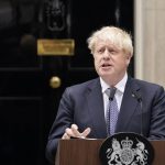 
              British Prime Minister Boris Johnson speaks to media next to 10 Downing Street in London, Thursday, July 7, 2022. Prime Minister Boris Johnson has agreed to resign, his office said Thursday, ending an unprecedented political crisis over his future that has paralyzed Britain's government. An official in Johnson's Downing Street office confirmed the prime minister would announce his resignation later. The official spoke on condition of anonymity because the announcement had not yet been made. (AP Photo/Alberto Pezzali)
            