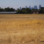 
              The skyline of the financial district of Canary Wharf is stands in the background as the grass in the Wanstead Flats is dry, in London, Friday, Aug. 12, 2022. Heatwaves and prolonged dry weather are damaging landscapes, gardens and wildlife, the National Trust has warned. Britain is braced for another heatwave that will last longer than July's record-breaking hot spell, with highs of up to 35 degrees Celsius expected next week. (AP Photo/Alberto Pezzali)
            