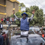 
              Presidential candidate Raila Odinga waves to supporters as he leaves the Supreme Court in Nairobi, Kenya Monday, Aug. 22, 2022. Odinga filed a Supreme Court challenge to last week's election result, asserting that the process was marked by criminal subversion and seeking that the outcome be nullified and a new vote be ordered. (AP Photo/Ben Curtis)
            