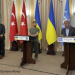 
              In this photo provided by the United Nations Office for the Coordination of Humanitarian Affairs, Ukrainian President Volodymyr Zelenskyy, center, Turkish President Recep Tayyip Erdogan, left, and United Nations Secretary General Antonio Guterres hold a press conference in Lviv, Ukraine, Thursday, Aug. 18, 2022. (Saviano Abreu, OCHA via AP)
            