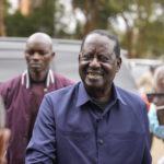 
              Presidential candidate Raila Odinga arrives to attend Sunday mass in St. Francis church in Nairobi, Kenya, Sunday, Aug. 14, 2022. The race remains close between Odinga and Deputy President William Ruto as the electoral commission physically verifies more than 46,000 results forms electronically transmitted from around the country. (AP Photo/Mosa'ab Elshamy)
            