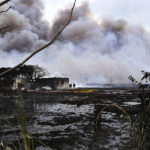 
              Smoke continues to billow from a days-long, deadly fire at a large oil storage facility in Matanzas, Cuba, Tuesday, Aug. 9, 2022. The fire was triggered by lighting at one of the facility's eight tanks late Friday, Aug. 5th. (Yamil Lage, Pool photo via AP)
            