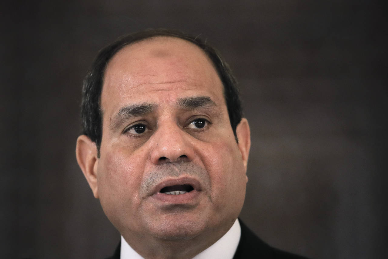 FILE - Egyptian President Abdel Fattah el-Sisi speaks during a press conference in Bucharest, Roman...