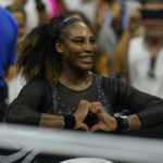 
              Serena Williams, of the United States, makes a heart with her hands after defeating Danka Kovinic, of Montenegro, during the first round of the US Open tennis championships, Monday, Aug. 29, 2022, in New York. (AP Photo/Charles Krupa)
            