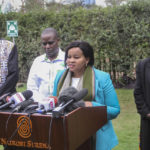 
              Electoral commissioners, from left to right, Justus Nyang'aya, Francis Wanderi, Juliana Cherera and Irene Masit address the media at a hotel in Nairobi, Kenya Tuesday, Aug. 16, 2022. The four announced Monday they couldn't support the election results, asserting to media Tuesday that the chairman's final math added up to 100.01% and that he didn't give them a chance to discuss the results before his declaration. (AP Photo)
            