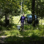 
              Washtenaw County health department employee Amanda Harris carries a mosquito trap through the woods, Thursday, July 14, 2022, in Ann Arbor Township, Mich.  As climate change widens the insect's range and lengthens its prime season, more Americans are resorting to the booming industry of professional extermination. But the chemical bombardment worries scientists who fear over-use of pesticides is harming pollinators and worsening a growing threat to birds that eat insects. (AP Photo/Carlos Osorio)
            