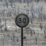 
              A charred traffic sign after a wildfire near Altura, eastern Spain, on Friday, Aug. 19, 2022. Up to early August, 43 large wildfires — those affecting at least 500 hectares (1,235 acres) — were recorded in the Mediterranean country by the Ministry for Ecological transition, while the average in previous years was 11. The European Forest Fire Information System estimates a burned surface of 284,764 hectares (704,000 acres) in Spain this year. That's four times higher than the average since records began in 2006. (AP Photo/Alberto Saiz)
            