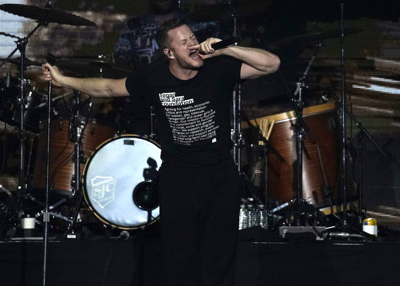 FILE - Dan Reynolds, of Imagine Dragons, performs at iHeartRadio ALTer EGO in Inglewood, Calif., on...