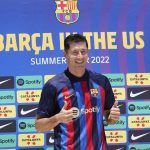 
              FILE - Robert Lewandowski wears his new FC Barcelona soccer jersey, on July 20, 2022, in Fort Lauderdale, Fla. (AP Photo/Marta Lavandier, File)
            