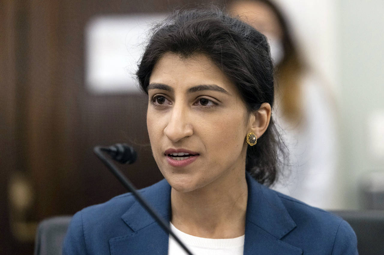 FILE - Lina Khan, then-nominee for Commissioner of the Federal Trade Commission (FTC), speaks durin...