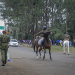 
              Mounted police are deployed to chase away a group of youths angry after some politicians from presidential candidate Raila Odinga's Azimio la Umoja party were denied entry to the electoral commission's national tallying center in Nairobi, Kenya Sunday, Aug. 14, 2022. Kenyans continue to wait for the results of Tuesday's presidential election. (AP Photo)
            