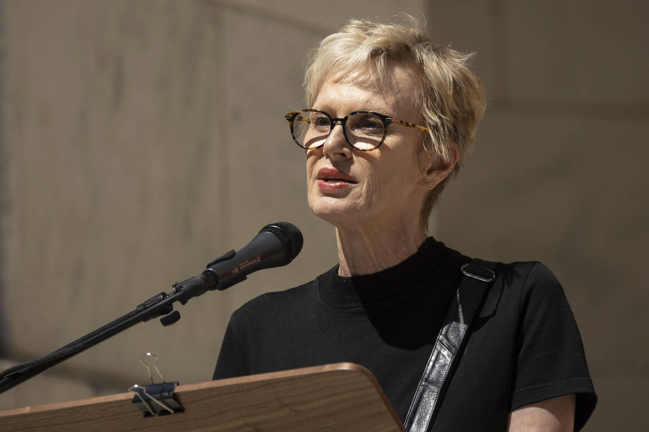American novelist Siri Hustvedt speaks during a reading event in solidarity of support for author S...