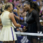 
              Serena Williams, of the United States, right, greets Anett Kontaveit, of Estonia, after defeating Kontaveit during the second round of the U.S. Open tennis championships, Wednesday, Aug. 31, 2022, in New York. (AP Photo/Seth Wenig)
            