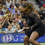 
              Serena Williams, of the United States, reacts during the first round of the US Open tennis championships against Danka Kovinic, of Montenegro, Monday, Aug. 29, 2022, in New York. (AP Photo/John Minchillo)
            