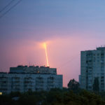 
              A Russian rocket launched toward Ukraine from Russia's Belgorod region is seen at dawn in Kharkiv, Ukraine, Thursday, Aug. 11, 2022. (AP Photo/Vadim Belikov)
            