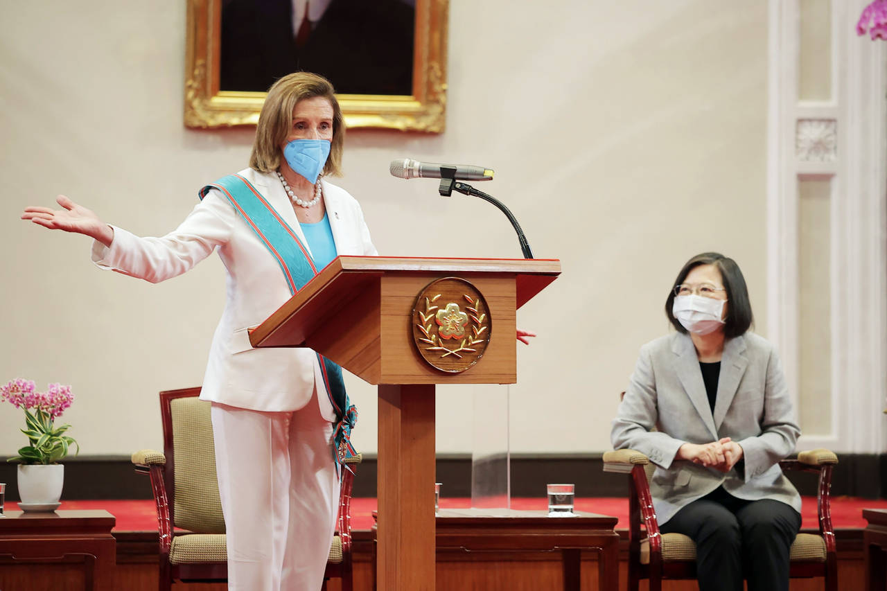 In this photo released by the Taiwan Presidential Office, U.S. House Speaker Nancy Pelosi speaks du...