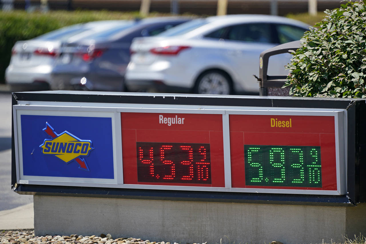 FILE - Gas prices are displayed at a Sunoco gas station along the Ohio Turnpike near Youngstown, Oh...