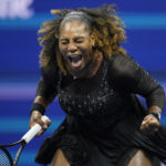 
              Serena Williams, of the United States, reacts during the first round of the US Open tennis championships against Danka Kovinic, of Montenegro, Monday, Aug. 29, 2022, in New York. (AP Photo/Charles Krupa)
            