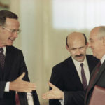 FILE - U.S. President George H. Bush and Soviet President Mikhail Gorbachev shake hands after signing the START arms reduction treaty in Moscow, on July 31, 1991. Former Soviet leader Mikhail Gorbachev has died Tuesday Aug. 30, 2022 at a Moscow hospital at age 91. (AP Photo/Boris Yurchenko, File)