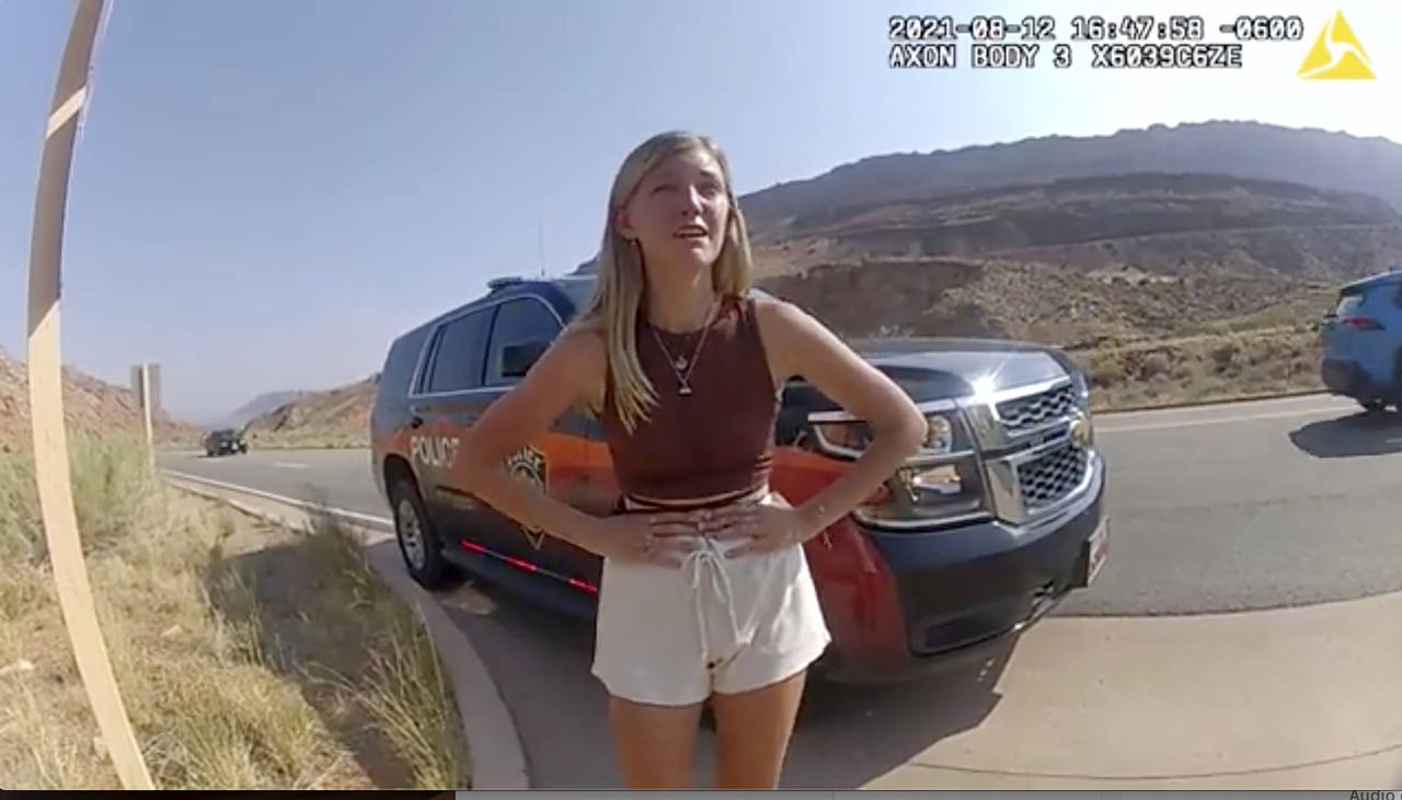 FILE- In this image taken from police body camera video provided by The Moab Police Department, Gab...