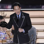 
              Lee Jung-jae accepts the Emmy for outstanding lead actor in a drama series for "Squid Game" at the 74th Primetime Emmy Awards on Monday, Sept. 12, 2022, at the Microsoft Theater in Los Angeles. (AP Photo/Mark Terrill)
            