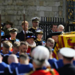 
              King Charles III, Princess Anne, Prince William, rear left, and Prince Harry, center rear, follow the coffin of Queen Elizabeth II as it is carried out of Westminster Abbey for her funeral in central London, Monday, Sept. 19, 2022. The Queen, who died aged 96 on Sept. 8, will be buried at Windsor alongside her late husband, Prince Philip, who died last year. (AP Photo/Petr David Josek, Pool)
            
