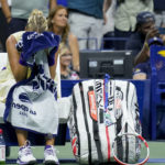 
              Anett Kontaveit, of Estonia, reacts after losing to Serena Williams, of the United States, during the second round of the U.S. Open tennis championships, Wednesday, Aug. 31, 2022, in New York. (AP Photo/Seth Wenig)
            