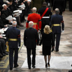 
              U.S. President, Joe Biden and First Lady Jill Biden arrive in Westminster Abbey ahead of The State Funeral of Britain's Queen Elizabeth II, in London Monday Sept. 19, 2022. The Queen, who died aged 96 on Sept. 8, will be buried at Windsor alongside her late husband, Prince Philip, who died last year. (Gareth Cattermole/Pool Photo via AP)
            