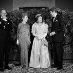 President Ronald Reagan and first lady Nancy Reagan pose for photographers with Queen Elizabeth II and Prince Philip at a formal state dinner, March 3, 1983, at the M.H. de Young Museum in San Francisco's Golden Gate Park. (AP Photo/Ed Reinke)
