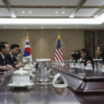 U.S. Vice President Kamala Harris, center right, and South Korea's President Yoon Suk Yeol, center left, hold a bilateral meeting in Seoul Thursday, Sept. 29, 2022. (Leah Millis/Pool Photo via AP)
