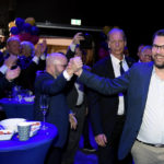 
              The leader of the Sweden Democrats Jimmie Åkesson delivers a speech at the party's election watch at Elite Hotel Marina Tower Tower in Nacka, near Stockholm, early Monday, Sept. 12, 2022. An exit poll projected that Sweden’s ruling left-wing Social Democrats have won the most votes in a general election Sunday, while a right-wing populist party had its best showing yet. 
 (Maja Suslin/TT News Agency via AP)
            