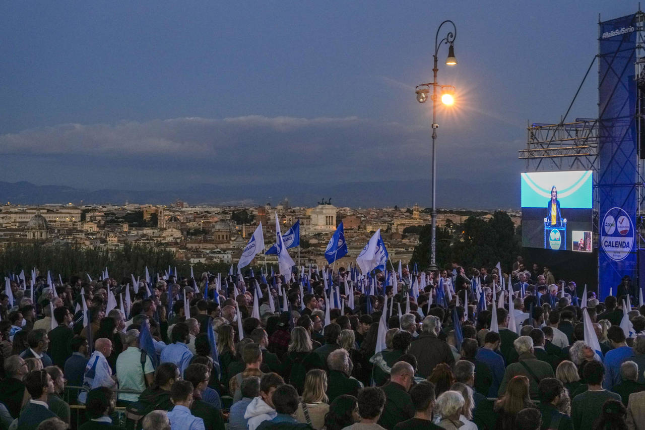 A view of the Azione Party's final rally ahead of Sunday's election in Rome, Friday, Sept. 23, 2022...