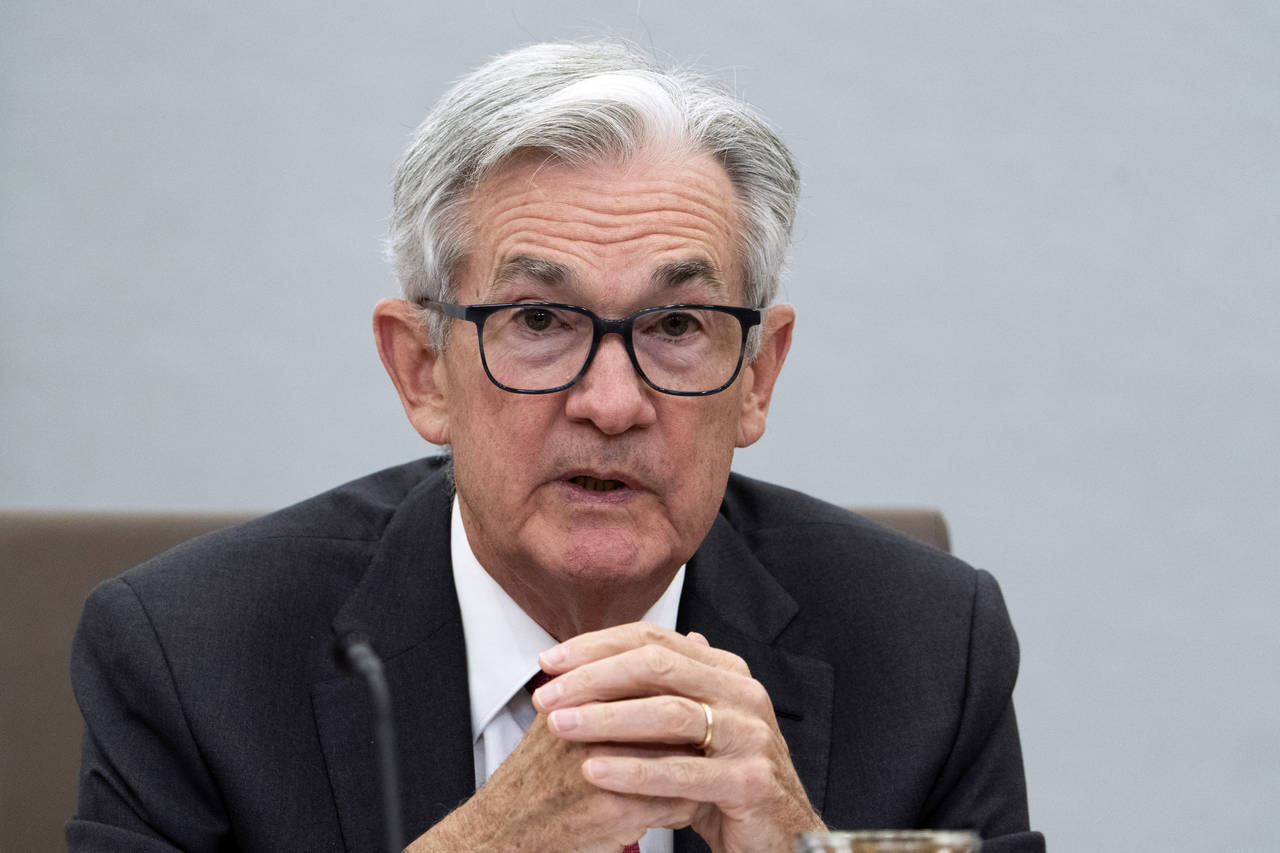 FILE - Federal Reserve Board Chairman Jerome Powell speaks during a conversation with leaders from ...