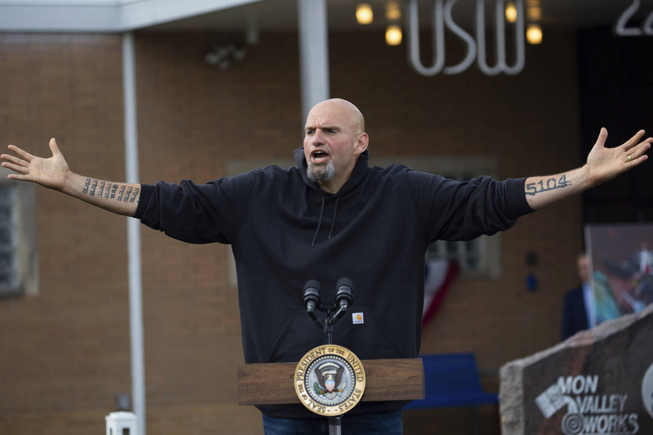 Pa. Lt. Gov. and senatorial candidate John Fetterman speaks to a crowd gathered at aa United Steel ...
